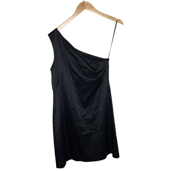 THEORY Sleeveless One Shoulder Mini Dress in Black Satin - Picture 2 of 8